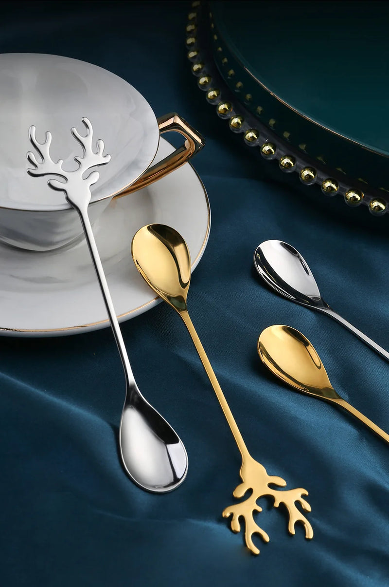 4pcs Christmas Elk Head Shape Stainless Coffee Spoon New Year 2024 Christmas Decoration Table Decor for Home Navidad 2023 Gifts